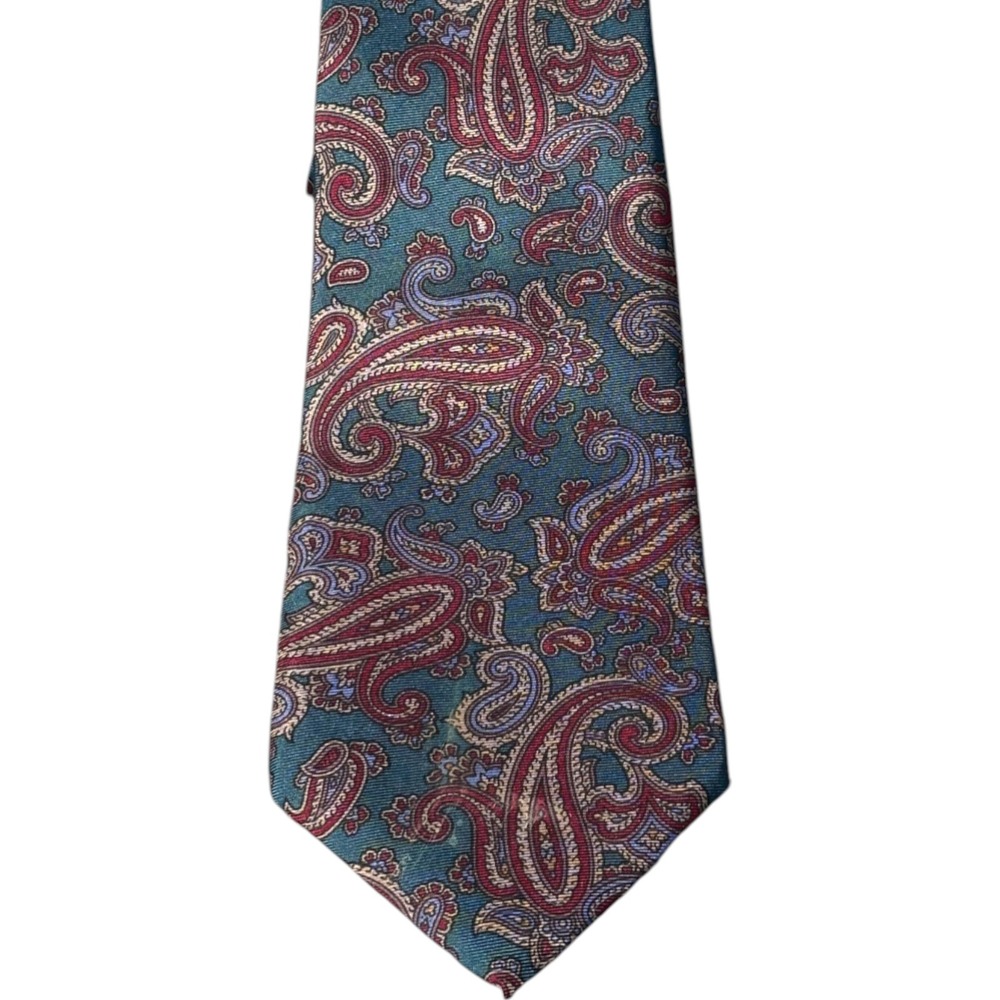 Cambridge Classics Teal Burgundy Gold Paisley Silk Vintage Necktie‎ 3.75" Wide